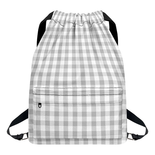Grey And White Check Pattern Print Drawstring Backpack