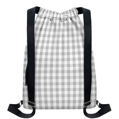 Grey And White Check Pattern Print Drawstring Backpack
