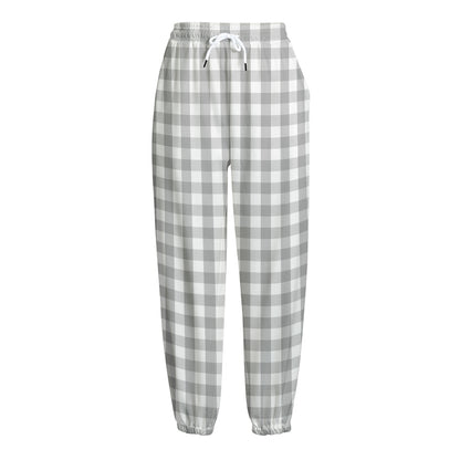 Grey And White Check Pattern Print Fleece Lined Knit Pants