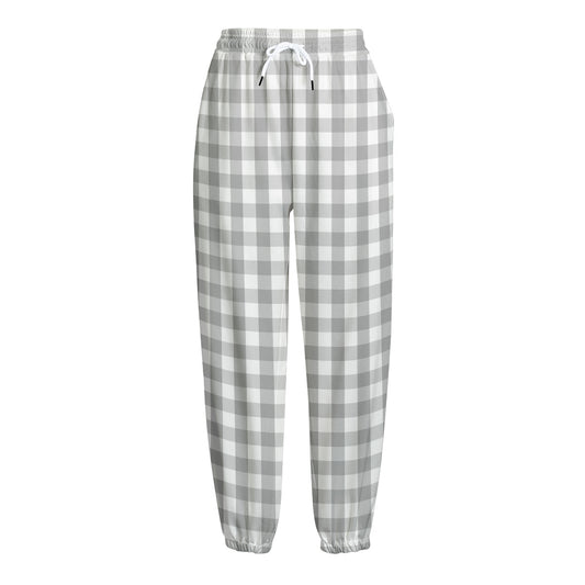 Grey And White Check Pattern Print Fleece Lined Knit Pants