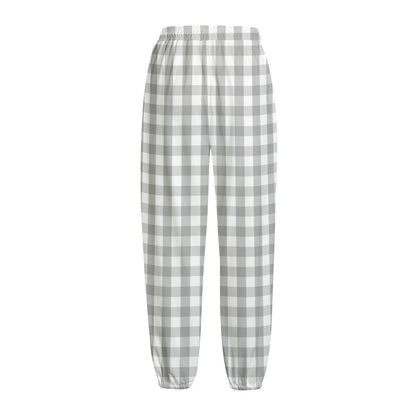 Grey And White Check Pattern Print Fleece Lined Knit Pants