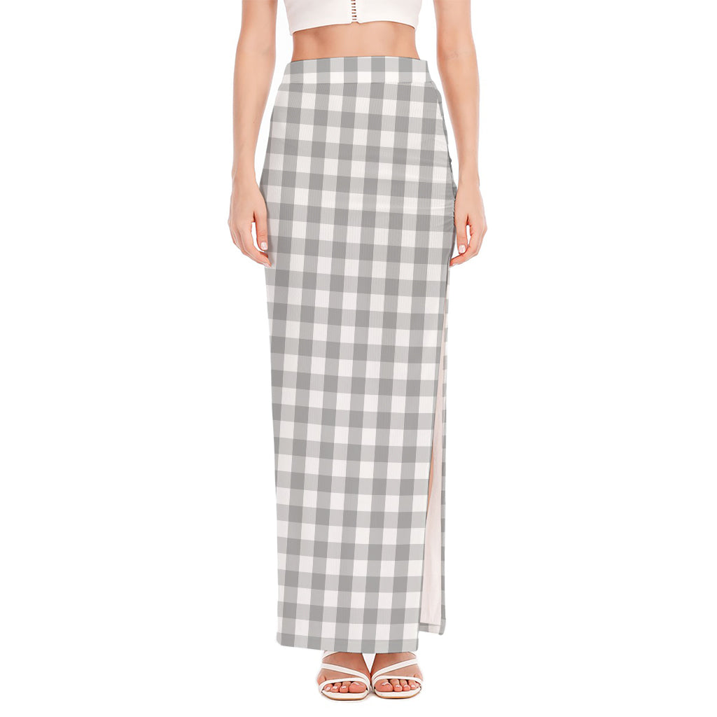 Grey And White Check Pattern Print High Slit Maxi Skirt
