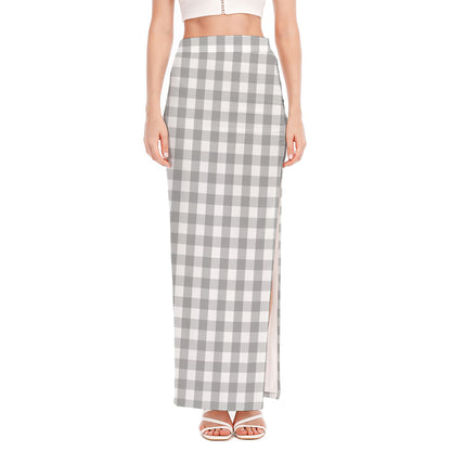 Grey And White Check Pattern Print High Slit Maxi Skirt