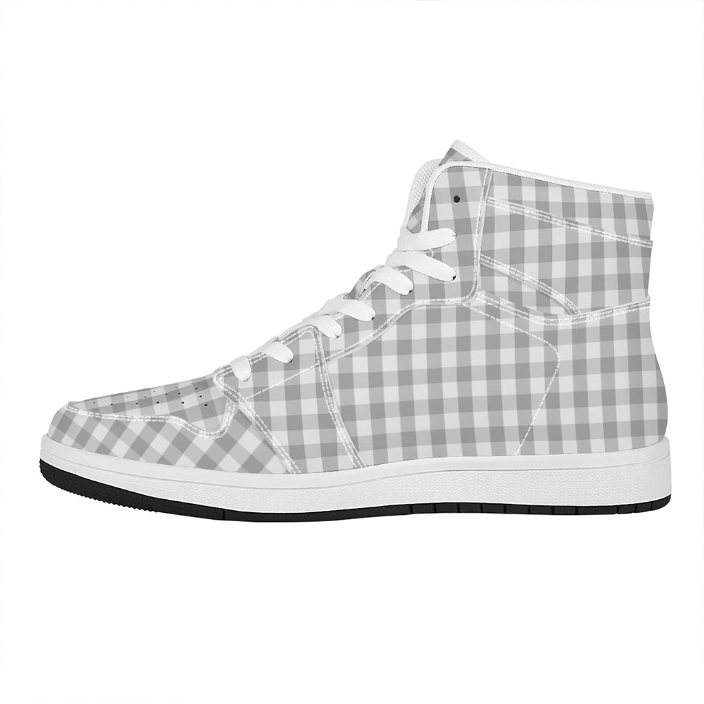 Grey And White Check Pattern Print High Top Leather Sneakers