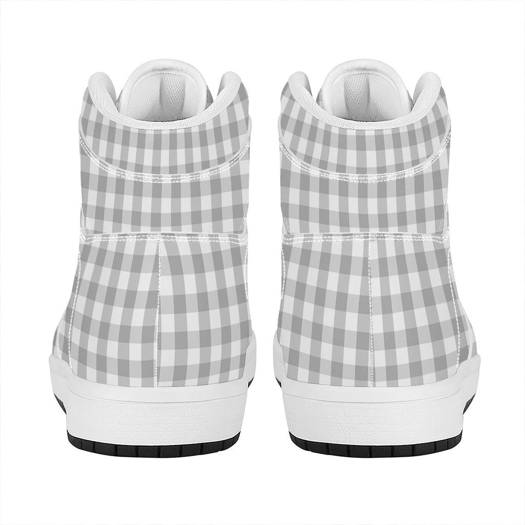 Grey And White Check Pattern Print High Top Leather Sneakers