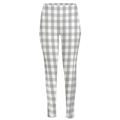 Grey And White Check Pattern Print High-Waisted Pocket Leggings