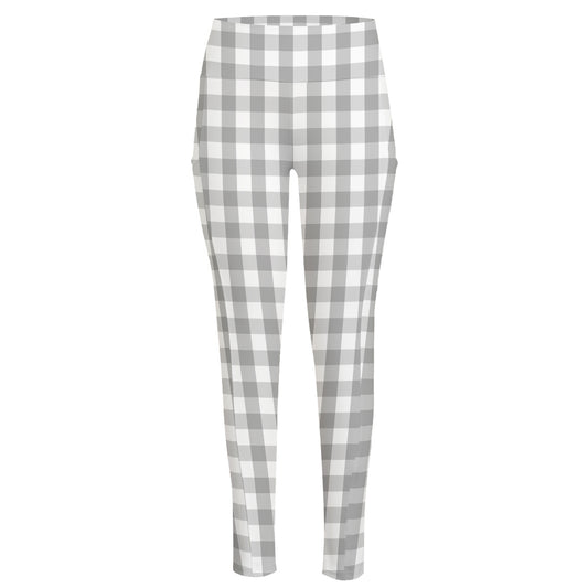 Grey And White Check Pattern Print High-Waisted Pocket Leggings