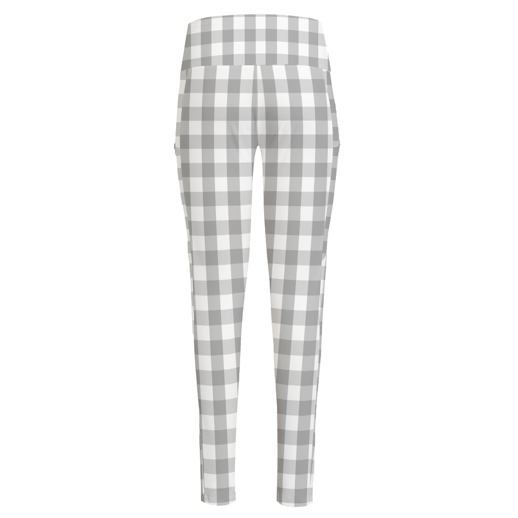 Grey And White Check Pattern Print High-Waisted Pocket Leggings