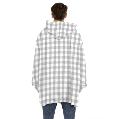 Grey And White Check Pattern Print Hoodie Blanket