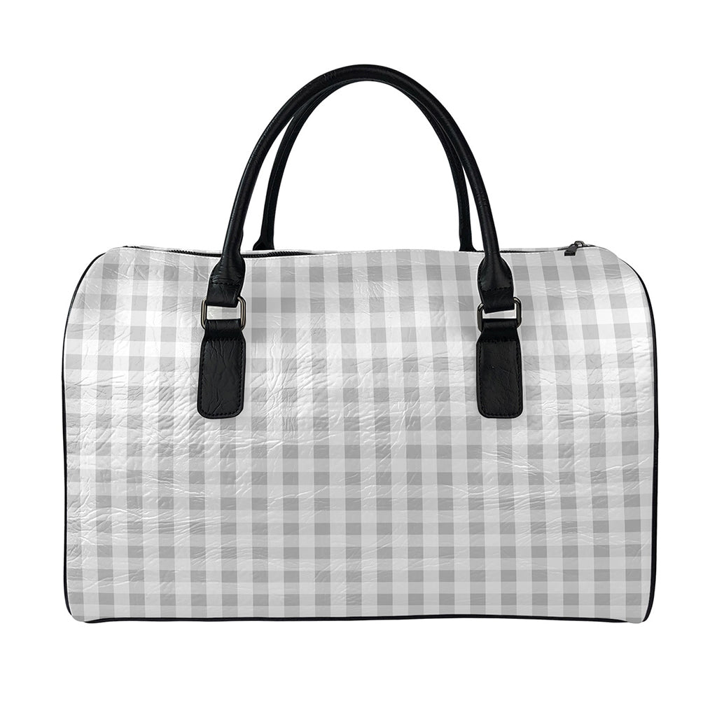 Grey And White Check Pattern Print Leather Duffle Bag