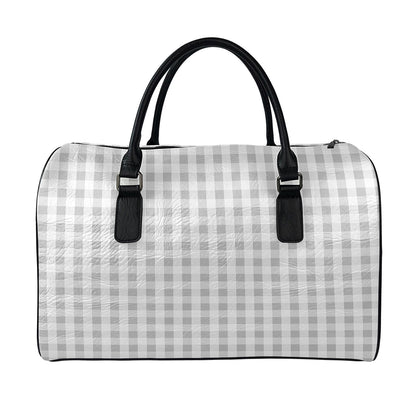 Grey And White Check Pattern Print Leather Duffle Bag