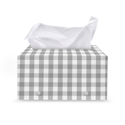 Grey And White Check Pattern Print Leather Tissue Box Cover