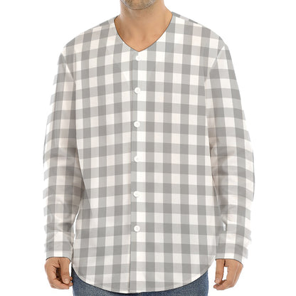 Grey And White Check Pattern Print Long Sleeve Baseball Jersey