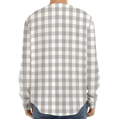 Grey And White Check Pattern Print Long Sleeve Baseball Jersey