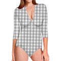 Grey And White Check Pattern Print Long Sleeve Swimsuit