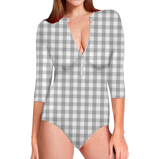 Grey And White Check Pattern Print Long Sleeve Swimsuit