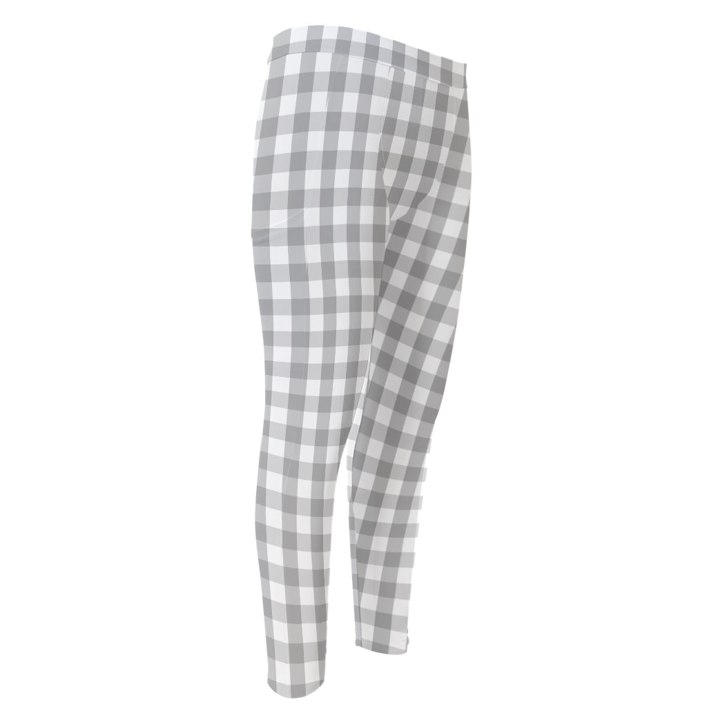 Grey And White Check Pattern Print Men's Compression Pants