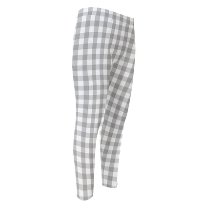 Grey And White Check Pattern Print Men's Compression Pants