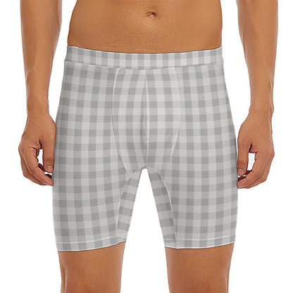 Grey And White Check Pattern Print Men's Long Boxer Briefs