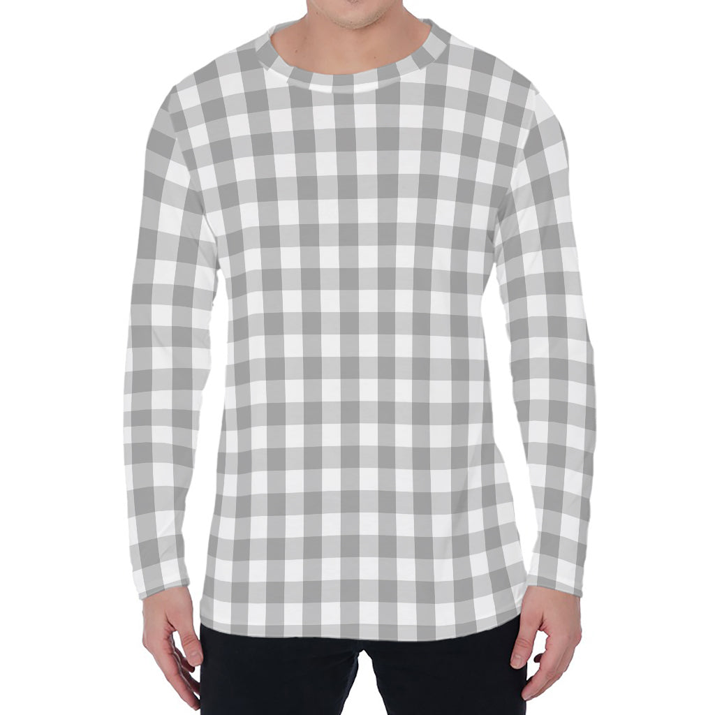 Grey And White Check Pattern Print Men's Long Sleeve T-Shirt