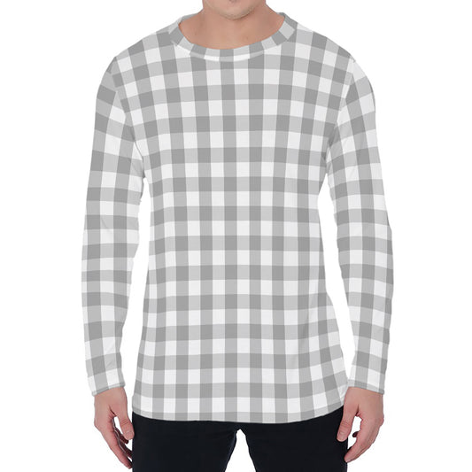 Grey And White Check Pattern Print Men's Long Sleeve T-Shirt