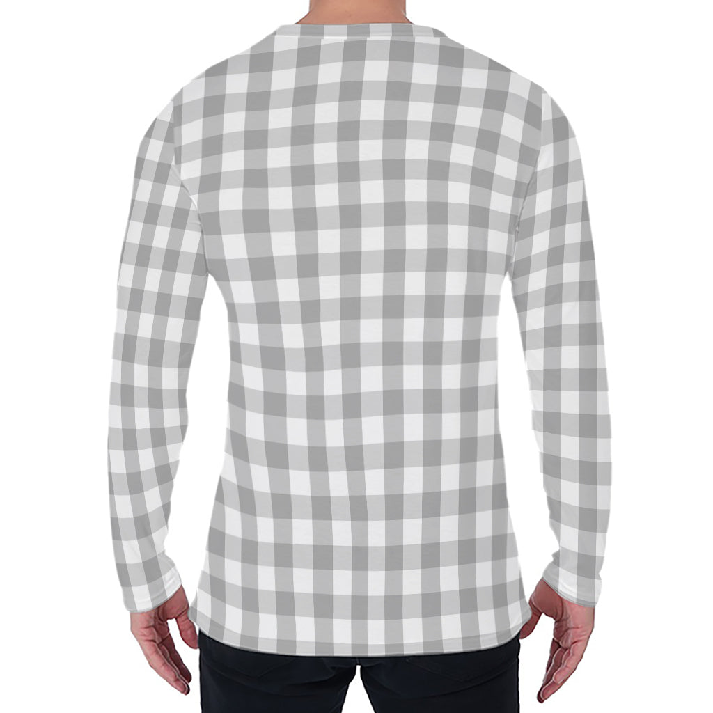 Grey And White Check Pattern Print Men's Long Sleeve T-Shirt