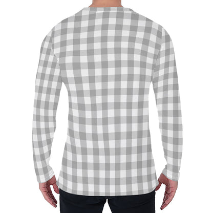 Grey And White Check Pattern Print Men's Long Sleeve T-Shirt