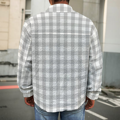 Grey And White Check Pattern Print Men's Shirt Jacket