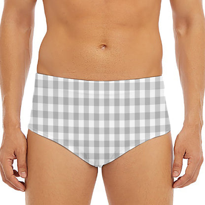 Grey And White Check Pattern Print Men's Triangle Swim Briefs