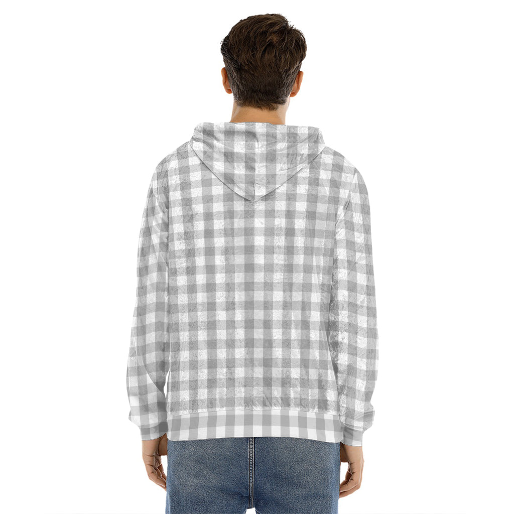 Grey And White Check Pattern Print Men's Velvet Pullover Hoodie