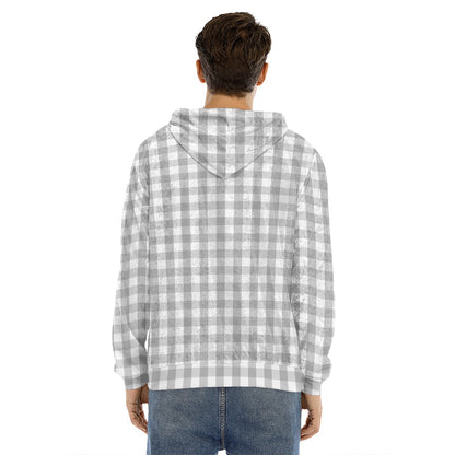Grey And White Check Pattern Print Men's Velvet Pullover Hoodie