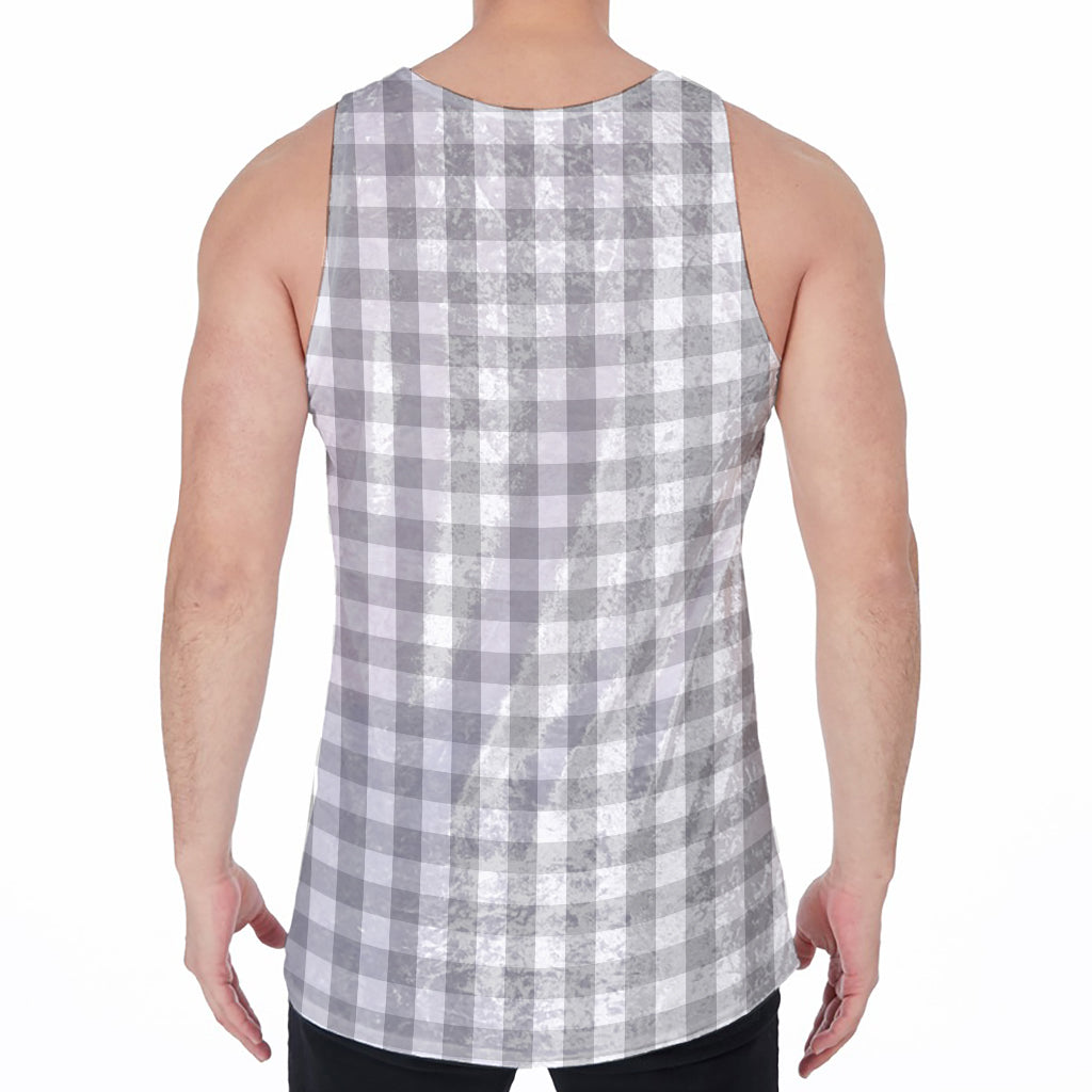 Grey And White Check Pattern Print Men's Velvet Tank Top
