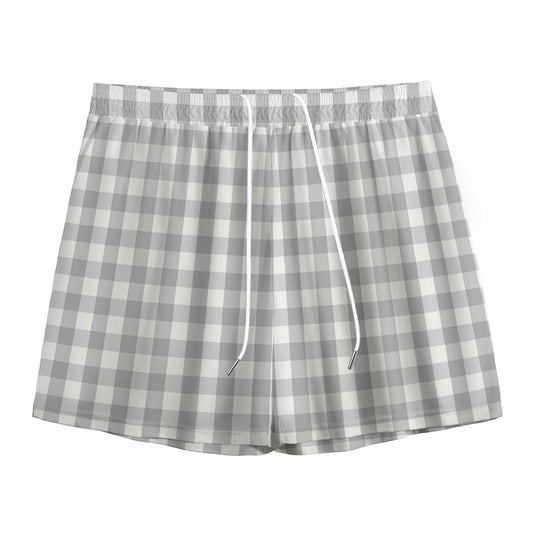 Grey And White Check Pattern Print Mesh Shorts