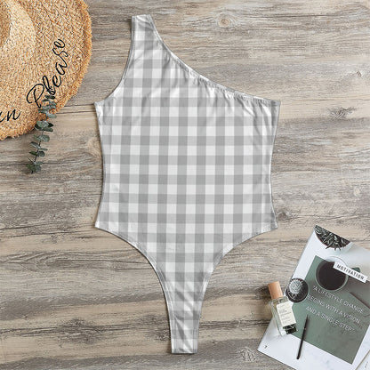Grey And White Check Pattern Print One Shoulder Bodysuit