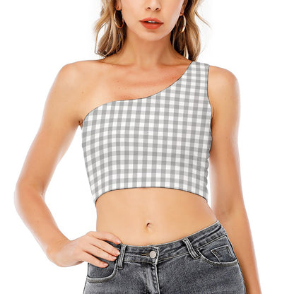 Grey And White Check Pattern Print One Shoulder Crop Top