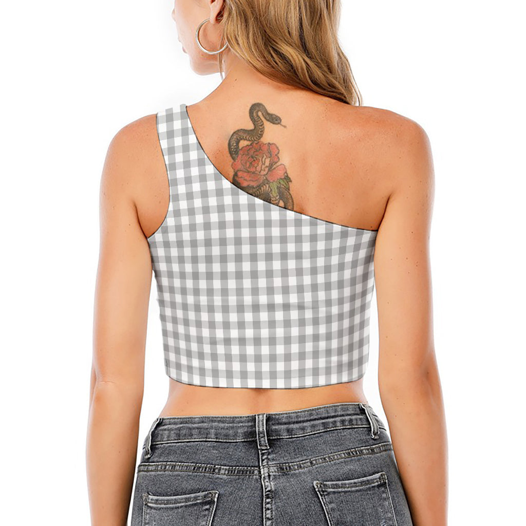 Grey And White Check Pattern Print One Shoulder Crop Top
