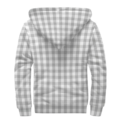 Grey And White Check Pattern Print Sherpa Lined Zip Up Hoodie