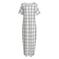 Grey And White Check Pattern Print Short Sleeve Long Nightdress