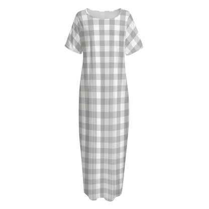 Grey And White Check Pattern Print Short Sleeve Long Nightdress