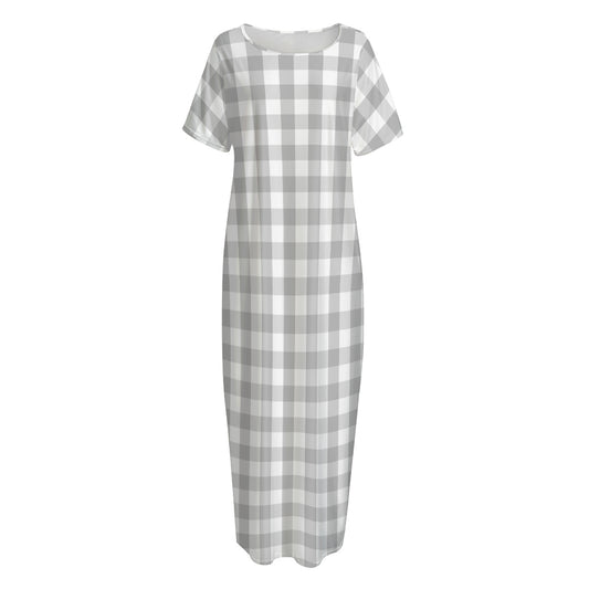 Grey And White Check Pattern Print Short Sleeve Long Nightdress