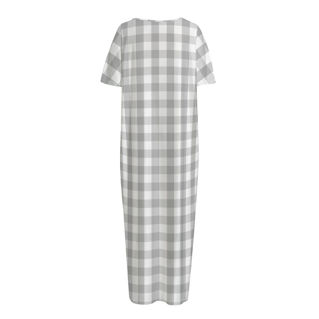 Grey And White Check Pattern Print Short Sleeve Long Nightdress