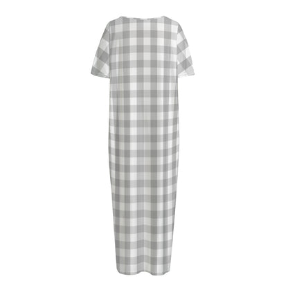 Grey And White Check Pattern Print Short Sleeve Long Nightdress