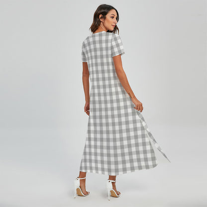 Grey And White Check Pattern Print Short Sleeve Maxi Dress