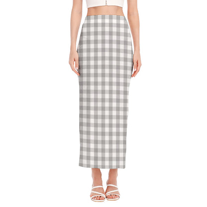 Grey And White Check Pattern Print Side Slit Maxi Skirt