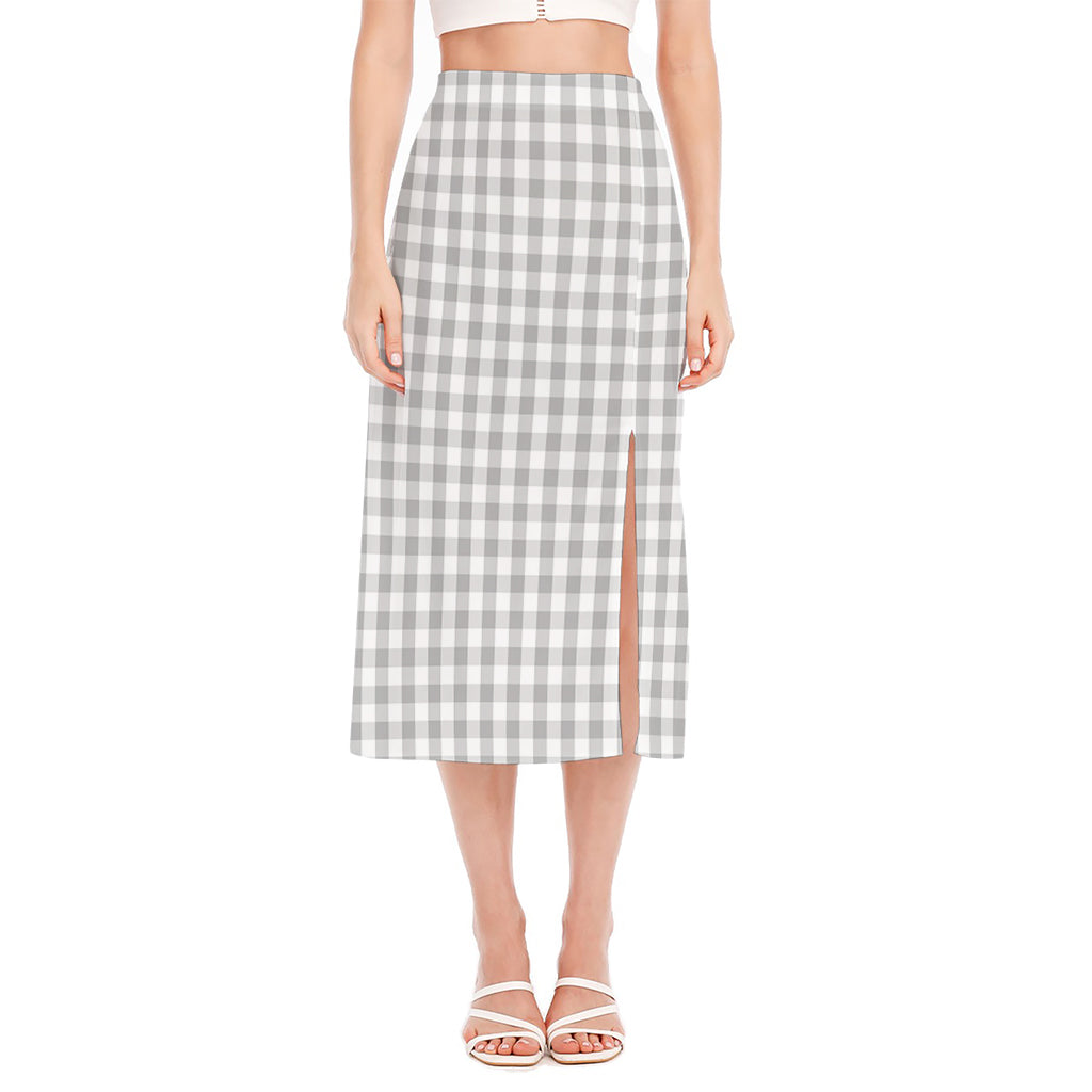 Grey And White Check Pattern Print Side Slit Midi Skirt