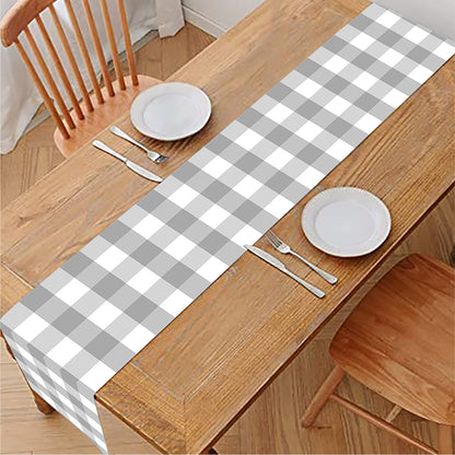 Grey And White Check Pattern Print Table Runner