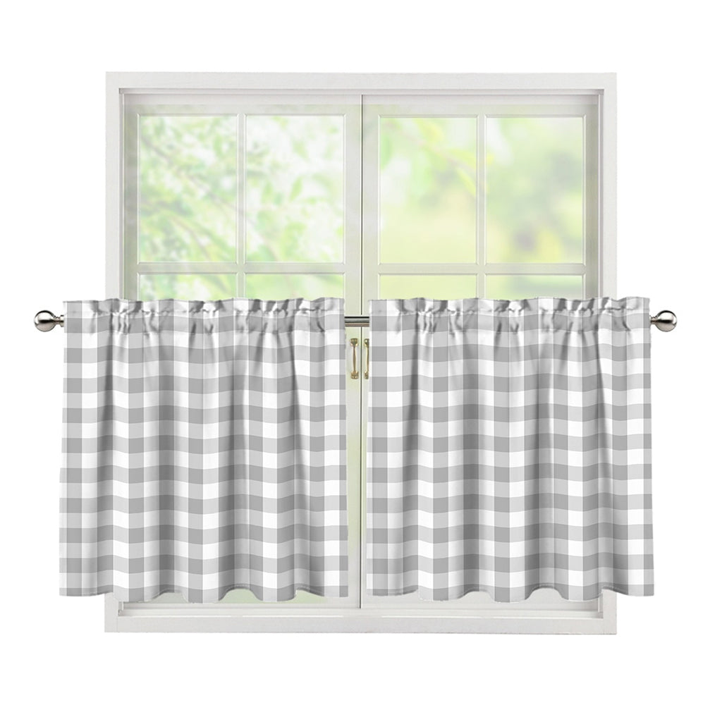 Grey And White Check Pattern Print Tier Curtains