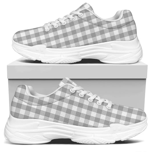 Grey And White Check Pattern Print White Chunky Shoes