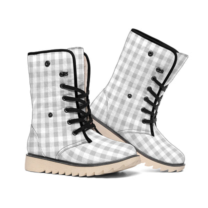 Grey And White Check Pattern Print Winter Boots