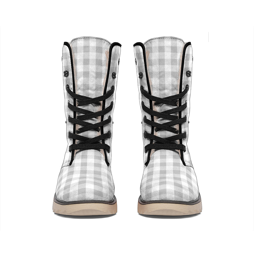Grey And White Check Pattern Print Winter Boots